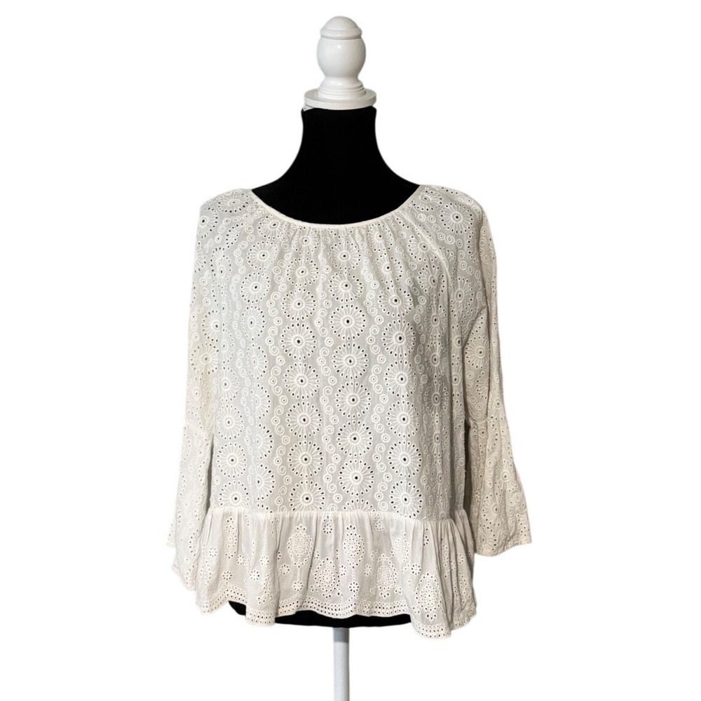 Altar'd State White Eyelet Lace Peplum Top XL Boho Bell Sleeve Cotton Blouse